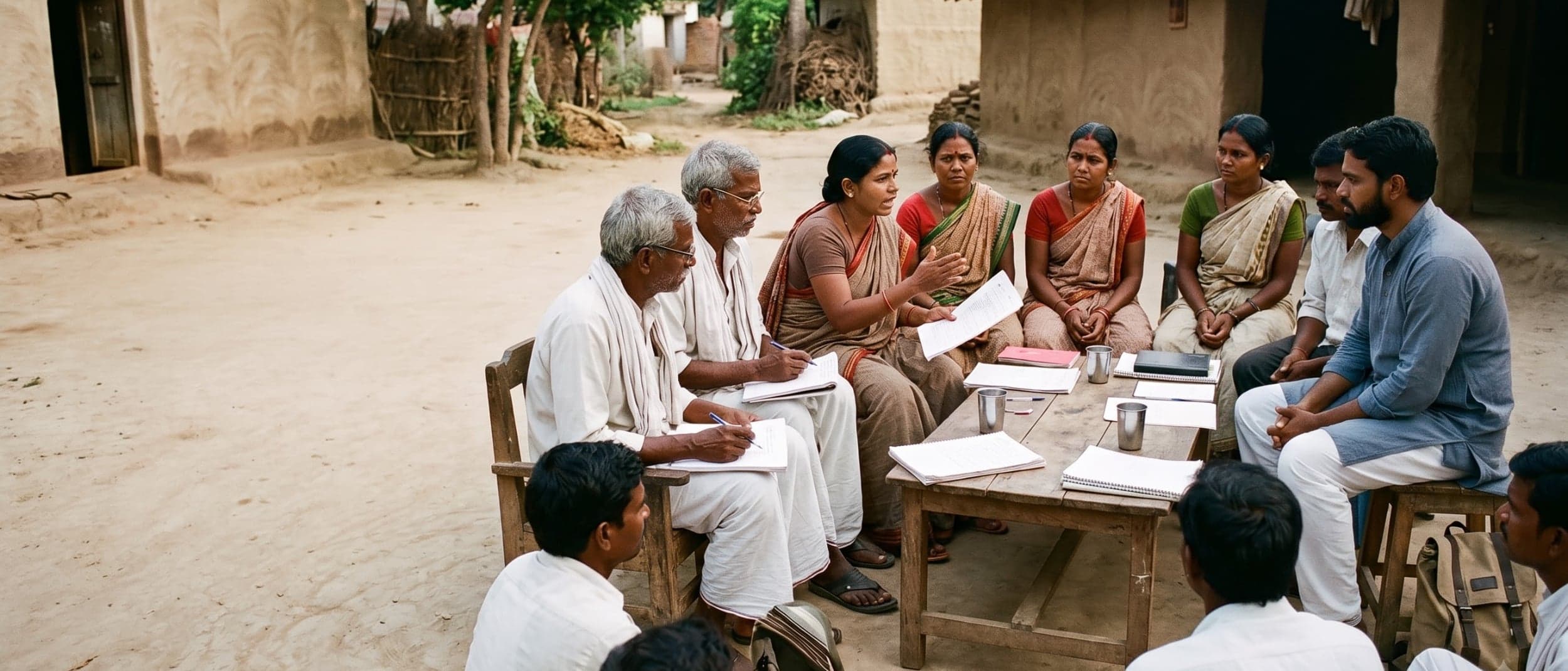 The community side of the agreement: a village council or women's collective mid-meeting, deciding terms — the people the 60% is paid to, named and present.
